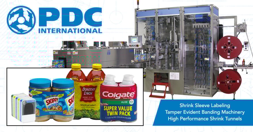 Image of various multi and twin packed items such as peanut butter, shave cream and salad dressing alongside PDC shrink sleeve machinery 